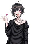  1boy black_hair black_shirt camui_kamui candy chain choker ear_piercing food gothic heart heart_eyes highres jewelry lollipop multiple_rings number_tattoo original piercing pinky_ring ring shirt tattoo tongue tongue_piercing white_background 