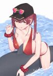  1girl :p bangs between_breasts bikini bikini_lift black_headwear breasts clothes_lift collarbone fish hat heart heterochromia highres hololive houshou_marine kaname_(melaninusa09) large_breasts long_hair looking_at_viewer red_bikini red_eyes red_hair riding riding_shark scrunchie shark_fin soaking_feet solo straddling strap_lift swimsuit tongue tongue_out twintails virtual_youtuber water wrist_scrunchie yellow_eyes 