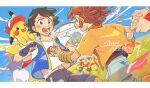  2boys ash_ketchum blue_jacket blush brown_eyes brown_hair cloud commentary_request day falinks gen_1_pokemon gen_8_pokemon green_eyes hatted_pokemon holding_hands jacket koko_(pokemon) letterboxed male_focus multiple_boys open_mouth outdoors pikachu pokemon pokemon_(anime) pokemon_(creature) pokemon_m23 rate_(naze_besu_latte) rillaboom shirt short_hair short_sleeves shorts sky sleeveless sleeveless_jacket smile t-shirt teeth white_shirt 