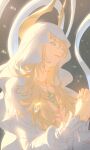  1girl bangs blonde_hair blue_eyes breasts final_fantasy final_fantasy_xiv halo hands_clasped highres long_hair medium_breasts official_alternate_costume own_hands_together parted_lips ryne solo somu_(dlektha1994) upper_body veil 