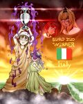  ark_royal_(kancolle) arms_up bangs blonde_hair bob_cut braid brown_hair crown drinking euro_2020 french_braid glasses grey_hair headdress holding italian_flag italy kantai_collection long_hair mini_crown multiple_girls open_mouth outdoors pince-nez pola_(kancolle) red_hair roma_(kancolle) short_hair sky suda_(yuunagi_enikki) tiara trophy warspite_(kancolle) 