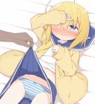  1girl ahoge arm_up ass_visible_through_thighs ayanepuna bangs bed_sheet blonde_hair blue_eyes blue_sailor_collar blue_skirt blush bow bow_panties brown_cardigan cardigan closed_mouth clothes_lift commentary_request eyebrows_visible_through_hair hair_between_eyes lifted_by_another long_sleeves lying nose_blush on_back open_cardigan open_clothes original out_of_frame panties pleated_skirt sailor_collar school_uniform serafuku shirt skirt skirt_lift sleeves_past_wrists solo_focus striped striped_panties underwear wavy_mouth white_shirt x-ray yellow_neckwear 