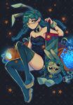  1girl animal_ears annie_(skullgirls) awee bow bowtie bunny_ears eyepatch flat_chest green_footwear green_hair highres leotard playboy_bunny puppet skullgirls star_(symbol) sword thighhighs twintails weapon yellow_eyes 