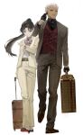  1boy 1girl absurdres archer_(fate) black_footwear black_gloves black_hair blue_eyes bow brown_footwear business_suit carrying dark-skinned_male dark_skin fate/stay_night fate_(series) formal gloves hataya headset highres long_hair looking_at_watch luggage pant_suit ponytail rolling_suitcase simple_background suit suitcase tohsaka_rin walking watch white_background white_bow white_hair wristwatch 