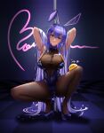 1girl absurdres animal_ears arms_behind_head ass azur_lane black_power-98-1-15 blue_eyes blue_hair blue_leotard bodystocking bow bowtie breasts bunny_ears cleavage crotch dancer groin halterneck high_heels highres large_breasts leotard long_hair looking_at_viewer navel new_jersey_(azur_lane) pantyhose playboy_bunny seductive_smile see-through skindentation smile solo spread_legs squatting stripper stripper_pole thick_thighs thighs undersized_clothes very_long_hair 