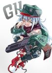  1girl assault_rifle bandana character_name g11_(girls&#039;_frontline) girls&#039;_frontline green_jacket gun h&amp;k_g11 hat highres jacket knee_pads long_hair one_eye_closed open_mouth red_footwear redz rifle rubbing_eyes shirt shoes silver_hair simple_background sleepy sleeveless sleeveless_shirt sneakers solo weapon yawning yellow_eyes 