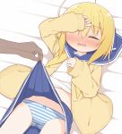  1girl ahoge arm_up ass_visible_through_thighs ayanepuna bangs bed_sheet blonde_hair blue_sailor_collar blue_skirt blush bow bow_panties brown_cardigan cardigan closed_eyes clothes_lift eyebrows_visible_through_hair hair_between_eyes lifted_by_another long_sleeves lying nose_blush on_back open_cardigan open_clothes open_mouth original out_of_frame panties pleated_skirt sailor_collar school_uniform serafuku shirt skirt skirt_lift sleeves_past_wrists solo_focus stained_panties striped striped_panties tears underwear wavy_mouth white_shirt x-ray yellow_neckwear 