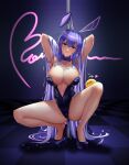  1girl absurdres animal_ears arms_behind_head ass azur_lane black_power-98-1-15 blue_eyes blue_hair blue_leotard bow bowtie breasts bunny_ears cleavage crotch dancer groin high_heels highres large_breasts leotard long_hair looking_at_viewer navel new_jersey_(azur_lane) playboy_bunny seductive_smile skindentation smile solo spread_legs squatting stripper stripper_pole thick_thighs thighs undersized_clothes very_long_hair 