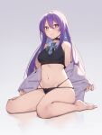  1girl absurdres bangs bare_shoulders black_choker black_panties choker closed_mouth collarbone eyebrows_visible_through_hair gradient_hair highres hololive hololive_indonesia jmao long_hair looking_at_viewer moona_hoshinova multicolored_hair multiple_straps navel off_shoulder panties purple_eyes purple_hair simple_background sitting smile solo two-tone_hair underwear virtual_youtuber white_background 