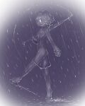  1girl breasts dress full_body idon monster_girl original outdoors rain short_hair slime_girl small_breasts solo standing standing_on_one_leg transparent water wet white_eyes 