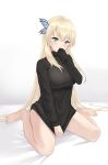  1girl absurdres bangs bare_legs barefoot black_sweater blonde_hair blue_eyes boku_wa_tomodachi_ga_sukunai bottomless breasts butterfly_hair_ornament clothes_tug covering_mouth eyebrows_visible_through_hair hair_ornament hand_over_own_mouth hand_up highres kashiwazaki_sena key_(user_eksy3878) large_breasts light_blush long_hair looking_at_viewer shirt_tug simple_background sitting sleeves_past_fingers sleeves_past_wrists solo sweater sweater_tug thighs turtleneck turtleneck_sweater very_long_hair wariza white_background 