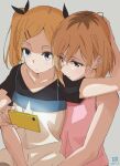  2girls blonde_hair brown_hair cellphone grey_eyes hair_ornament hair_ribbon hairclip holding holding_phone hug hug_from_behind looking_at_phone miyahara_takuya miyamori_aoi mole mole_under_eye multiple_girls phone ribbon shirobako short_hair short_twintails simple_background twintails upper_body yano_erika 