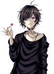  1boy black_hair black_shirt camui_kamui candy chain choker clenched_teeth ear_piercing food frown gothic heart heart_eyes highres jewelry lollipop multiple_rings number_tattoo original piercing pinky_ring ring shirt tattoo teeth white_background 