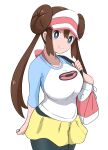  1girl bag bangs black_legwear blue_eyes breasts brown_hair closed_mouth cowboy_shot double_bun hair_through_headwear handbag haruzu2000 hat highres holding holding_bag large_breasts long_hair long_sleeves looking_at_viewer pantyhose poke_ball_print pokemon pokemon_(game) pokemon_bw raglan_sleeves rosa_(pokemon) shorts smile solo white_background yellow_shorts 