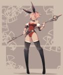  1girl animal_ears black_bow black_legwear black_neckwear border bow bowtie bunny_ears closed_mouth covered_eyes detached_sleeves facing_viewer full_body grey_border hair_over_eyes highleg highleg_leotard highres holding holding_polearm holding_spear holding_weapon lamb-oic029 leotard original pink_hair playboy_bunny polearm red_leotard short_hair smile solo spear thighhighs two-handed weapon wrist_cuffs 