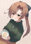  1girl ajifry39 akigumo_(kancolle) alcohol beer brown_hair commentary_request drooling drunk glass green_eyes green_sweater hair_ribbon highres holding kantai_collection long_hair mole mole_under_eye official_alternate_costume orange_skirt ponytail ribbon saliva skirt solo sweater translated 
