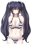  1girl bikini black_hair blush breasts cleavage commentary english_commentary hair_between_eyes hair_ribbon highres large_breasts long_hair looking_at_viewer navel neptune_(series) noire red_eyes ribbon solo striped striped_bikini swimsuit twintails very_long_hair zatsu 
