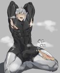  1boy abs absurdres arms_behind_head black_bodysuit bodysuit boots bright_pupils bulge command_spell disembodied_limb erection erection_under_clothes fate/grand_order fate_(series) green_eyes grey_background grey_hair highres jun_(rand) male_focus open_mouth percival_(fate) simple_background skin_tight solo squatting steam thigh_boots thighhighs torn_bodysuit torn_clothes white_footwear 