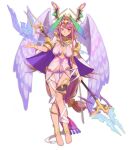  1girl anklet ark_order bandaged_leg bandages bangs barefoot bird bra bracelet breasts cape center_opening closed_mouth dress fire full_body hairband head_wings holding holding_polearm holding_weapon jewelry large_breasts long_hair looking_at_viewer low-tied_long_hair necklace pelvic_curtain pink_hair polearm purple_bra qa&#039;a_(ark_order) red_cucumber sidelocks sleeveless sleeveless_dress smile solo tachi-e thighlet transparent_background underwear very_long_hair weapon white_cape white_dress white_wings wings 