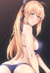  1girl ahoge artoria_pendragon_(all) artoria_pendragon_(caster)_(fate) ass back bangs bare_shoulders bikini blonde_hair blue_bikini blush bow breasts fate/grand_order fate_(series) green_eyes hair_bow large_breasts long_hair looking_at_viewer looking_back parted_lips ponytail sidelocks solo swimsuit zucchini 