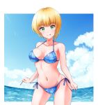  1girl ass_visible_through_thighs asymmetrical_hair bikini blonde_hair blue_sky breasts busan_no_hamaguchi cleavage cloud collarbone commentary_request contrapposto cowboy_shot day floral_print green_eyes highres horizon idolmaster idolmaster_cinderella_girls large_breasts miyamoto_frederica navel ocean outdoors short_hair side-tie_bikini sky solo swimsuit 