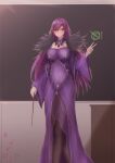  1girl absurdres breasts chalkboard classroom cleavage_cutout clothing_cutout destiny123456 dress fate/grand_order fate_(series) feather_trim fur-trimmed_dress fur_trim hair_between_eyes headpiece highres holding holding_wand large_breasts looking_at_viewer pantyhose purple_dress purple_hair purple_ribbon red_eyes ribbon scathach_(fate)_(all) scathach_skadi_(fate) solo teacher tiara wand 