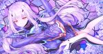  1girl black_gloves blue_flower blue_rose fate/grand_order fate_(series) flower gloves highres lancelot_(fairy_knight)_(fate) long_hair lying on_back orange_eyes purionpurion rose signature thighhighs white_hair 