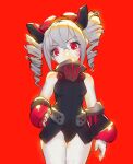 1girl bangs bare_shoulders breasts bronya_zaychik bronya_zaychik_(black_nucleus) covering_mouth drill_hair grey_hair hair_between_eyes hand_on_hip highres honkai_(series) honkai_impact_3rd knxagu leotard looking_at_viewer pale_skin red_background red_eyes simple_background small_breasts solo twin_drills v-shaped_eyebrows 