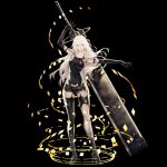 1girl android black_background black_gloves blue_eyes elbow_gloves gloves high_heels highres huge_weapon joints kazama_raita long_hair mole mole_under_mouth nier_(series) nier_automata outstretched_arms robot_joints short_shorts shorts simple_background solo sword weapon white_hair yorha_type_a_no._2 