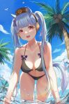  1girl :d animal_ears backlighting bare_shoulders bent_over bikini black_bikini bow breasts collarbone gold_ship_(umamusume) hair_bow hat highres horse_ears horse_girl horse_tail long_hair looking_at_viewer medium_breasts mela_(rbw1s) navel open_mouth outdoors palm_tree red_eyes silver_hair smile solo standing string_bikini summer swimsuit tail thick_thighs thighs tree umamusume very_long_hair wading water 