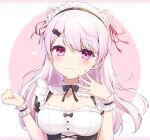  1girl :3 absurdres animal_ear_fluff apron breasts cleavage closed_eyes closed_mouth frilled_apron frills hair_ornament hairclip highres large_breasts long_hair looking_at_viewer maid nijisanji pink_eyes pink_hair red_eyes shiina_yuika solo underbust upper_body virtual_youtuber wrist_cuffs zky_(oekaky) 