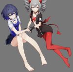  2girls :o absurdres bangs bare_shoulders barefoot black_gloves black_jacket blue_eyes blue_hair bronya_zaychik bronya_zaychik_(yamabuki_armor) closed_mouth demon_tail demon_wings drill_hair full_body gloves grey_background grey_eyes grey_hair heart heart_hands highres honkai_(series) honkai_impact_3rd jacket kuo_(kuo114514) leggings looking_at_viewer multiple_girls no_shoes open_mouth red_legwear seele_vollerei seele_vollerei_(swallowtail_phantasm) short_hair short_sleeves simple_background smile soles tail tattoo toes twin_drills wings yuri 