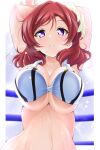  1girl against_glass arms_up bikini blush breast_press breasts breasts_on_glass cleavage flower hair_flower hair_ornament highres kirisaki_reina large_breasts looking_at_viewer love_live! love_live!_school_idol_project navel nishikino_maki parted_lips purple_eyes red_hair short_hair solo striped swimsuit vertical-striped_bikini vertical_stripes white_bikini 