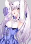  1girl absurdres armpits arms_behind_head arms_up blue_dress blush breasts detached_sleeves dress fate/grand_order fate_(series) highres lancelot_(fairy_knight)_(fate) long_hair looking_at_viewer open_mouth small_breasts solo upper_body watosu white_hair yellow_eyes 