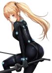  1girl absurdres alternate_costume ass bangs black_bodysuit black_bow bodysuit bow breasts brown_eyes brown_hair closed_mouth eyebrows_visible_through_hair feet_out_of_frame gantz gantz_suit girls&#039;_frontline guchagucha hair_bow highres latex_bodysuit long_hair looking_at_viewer looking_back medium_breasts neon_lights scar scar_across_eye skin_tight smile solo standing twintails ump9_(girls&#039;_frontline) white_background 