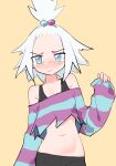  1girl absurdres bare_shoulders bike_shorts blue_eyes blush closed_mouth commentary eds english_commentary freckles gym_leader hair_bobbles hair_ornament hand_up highres looking_at_viewer navel off-shoulder_shirt off_shoulder pokemon pokemon_(game) pokemon_bw2 roxie_(pokemon) shirt simple_background sleeves_past_wrists solo spiked_hair striped striped_shirt topknot white_hair yellow_background 