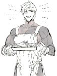  1boy apron baking_sheet bodysuit fate/grand_order fate_(series) fish greyscale hair_over_one_eye highres looking_at_viewer male_focus monochrome muscular muscular_male open_mouth oven_mitts percival_(fate) qmiqun simple_background smile solo white_background 