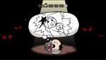  1boy coat crying darkest_dungeon fetal_position flashback fur_trim glowing glowing_eyes heads-up_display highres light memory overcoat parody shadow style_parody the_binding_of_isaac thought_bubble traumatized varamill 