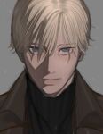  1boy bangs black_sweater blonde_hair blue_eyes brown_coat close-up closed_mouth coat cutiicosmo empty_eyes eyebrows_visible_through_hair eyes_visible_through_hair face grey_background hair_between_eyes highres johan_liebert looking_at_viewer male_focus monster_(manga) pale_skin portrait short_hair simple_background solo sweater turtleneck turtleneck_sweater upper_body water water_drop wet wet_hair 