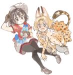  2girls animal_ears bare_shoulders black_gloves black_hair black_legwear blonde_hair blue_eyes blush cat_ears cat_girl cat_tail commentary_request elbow_gloves eyebrows_visible_through_hair gloves grey_shorts helmet high-waist_skirt kaban_(kemono_friends) kemono_friends konabetate lucky_beast_(kemono_friends) multiple_girls pantyhose pith_helmet print_gloves print_legwear print_skirt red_shirt serval_(kemono_friends) serval_print shirt short_hair short_sleeves shorts skirt sleeveless t-shirt tail thighhighs white_shirt yellow_eyes zettai_ryouiki 