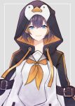  1girl :3 animal_hood bangs belt blue_eyes border brown_hair grey_background highres hood kmmkn looking_at_viewer multicolored_hair nijisanji nijisanji_en orange_hair penguin_hood petra_gurin sailor_collar smile solo streaked_hair upper_body virtual_youtuber white_border 