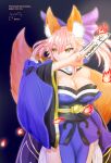  1girl absurdres animal_ear_fluff animal_ears artist_name bare_shoulders blue_kimono blue_ribbon breasts cleavage dated detached_sleeves fate/extella fate/extra fate/extra_ccc fate/grand_order fate_(series) fire fox_ears fox_girl fox_tail hair_ribbon highres japanese_clothes kimono large_breasts looking_away pink_hair ribbon solo tail tamamo_(fate)_(all) tamamo_no_mae_(fate) winsankemonodou yellow_eyes 
