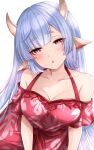  1girl absurdres animal_ears bangs bare_shoulders blue_hair blush breasts cleavage collarbone cow_ears cow_girl cow_horns draph dress floral_print granblue_fantasy highres horns large_breasts long_hair looking_at_viewer off_shoulder open_mouth pointy_ears popon_ta red_dress shatola_(granblue_fantasy) short_sleeves solo 