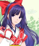  1girl ainu_clothes bangs blue_eyes blue_hair bow expressionless eyebrows_visible_through_hair fingerless_gloves gloves hair_bow hairband highres lips long_hair looking_at_viewer mario_kaneda nakoruru red_bow red_hairband samurai_spirits solo upper_body 