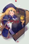  1girl apple artoria_pendragon_(all) artoria_pendragon_(caster)_(fate) bangs belt beret black_gloves black_legwear blonde_hair blue_cape blue_headwear blush breasts buttons cape double-breasted dress echo_(circa) fate/grand_order fate_(series) food fruit gloves golden_apple green_eyes hat hood hooded_cape long_hair long_sleeves looking_to_the_side multicolored multicolored_cape multicolored_clothes open_mouth pantyhose red_cape small_breasts solo thighs treasure_chest twintails white_dress 