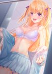  1girl bangs blonde_hair blush breasts cleavage collarbone dressing dropb eyebrows_visible_through_hair highres looking_at_viewer medium_breasts moe2021 navel open_mouth original pleated_skirt skirt smile solo two_side_up underwear uniform 
