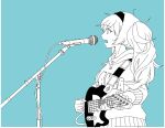  1girl blonde_hair blue_eyes cowboy_shot electric_guitar fender_telecaster gambier_bay_(kancolle) green_background guitar hairband highres hood hooded_sweater instrument kantai_collection lineart microphone monochrome profile rie_(lierra) sweater twintails 