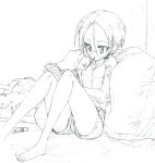  1girl absurdres barefoot book casual commentary_request food food_in_mouth girls_und_panzer glasses graphite_(medium) greyscale highres holding holding_book kumagapaniti midriff monochrome mouth_hold on_bed partial_commentary pillow pocky reading rimless_eyewear round_eyewear rumi_(girls_und_panzer) shirt short_hair short_shorts short_sleeves shorts sitting solo star_(symbol) t-shirt traditional_media 