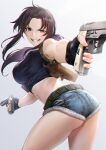  1girl ass belt beretta_92 black_gloves black_lagoon black_tank_top boots breasts brown_eyes brown_hair denim denim_shorts dual_wielding fighting_stance fingerless_gloves floating_hair from_behind gloves grey_background gun handgun highres holding holster large_breasts long_hair looking_at_viewer looking_back mugetsu2501 pistol ponytail revy_(black_lagoon) shorts simple_background smile smirk solo tank_top thighs v-shaped_eyebrows weapon 