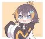  1girl bangs black_hoodie blush brown_hair chibi eyebrows_visible_through_hair fish_hair_ornament hair_ornament hood hoodie kukie-nyan multicolored_hair nijisanji nijisanji_en orange_hair petra_gurin short_hair sleeves_past_fingers sleeves_past_wrists solo streaked_hair twitter_username two-tone_hoodie upper_body virtual_youtuber white_hoodie yellow_background 